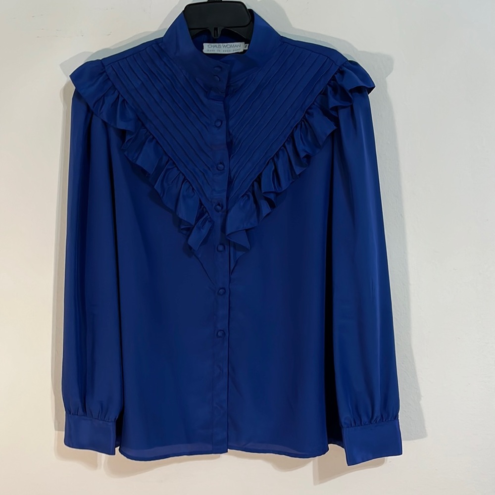 CHAUS WOMAN High Neck Puff-Long Sleeve Ruffled Botton Down Blouse Size 40
